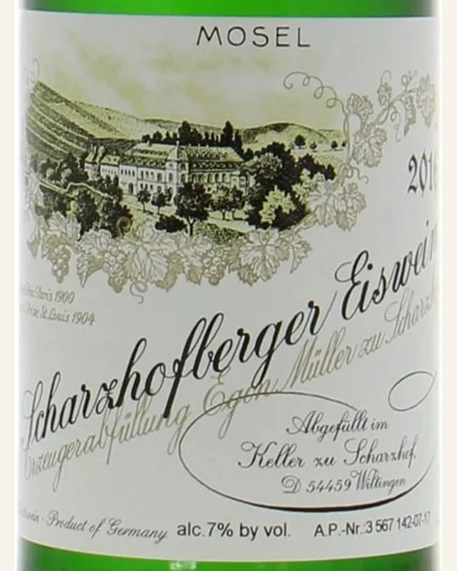 Egon Muller Scharzhofberger Riesling Eiswein伊贡米勒·沙兹堡雷司令冰酒，德国**摩泽尔-萨尔（Saar）**VDP特级园，极致稀缺的顶级冰酒酒标与酒瓶图片