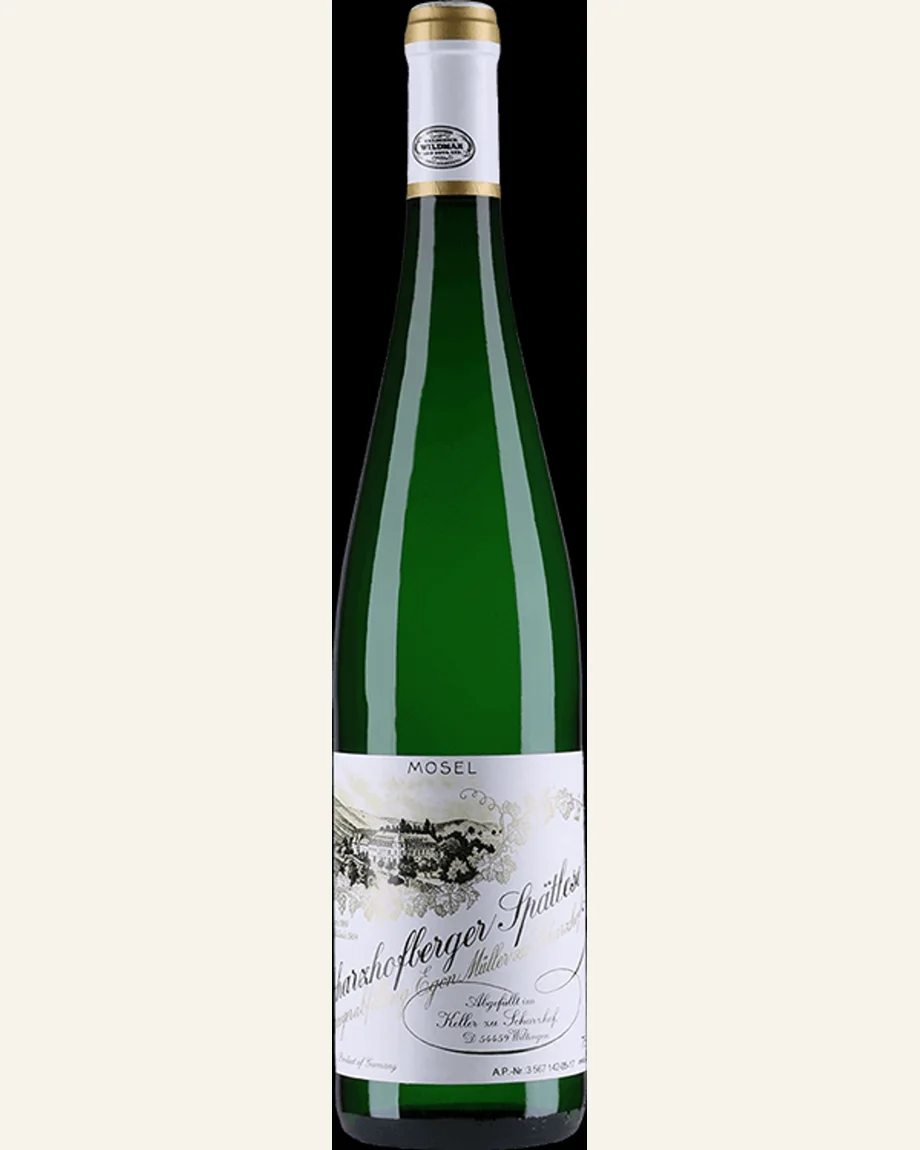 Egon Muller Scharzhofberger Riesling Spatlese伊贡米勒·沙兹堡雷司令晚收甜白，德国**摩泽尔-萨尔（Saar）**VDP特级园，入门级高端甜白标杆酒标与酒瓶图片